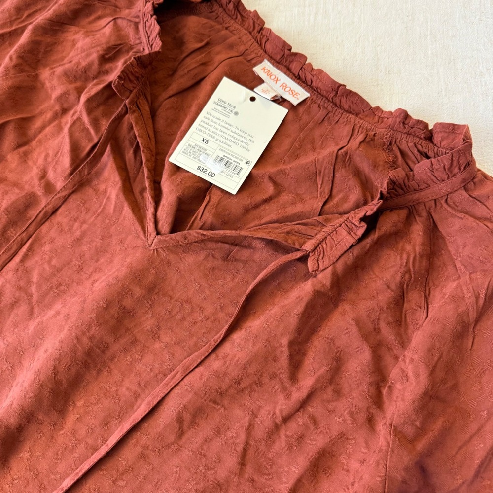 Knox Rose Rust Brown Clip Dot Peasant Blouse Tassel Tie Balloon Sleeve NWT XS - Picture 11 of 13